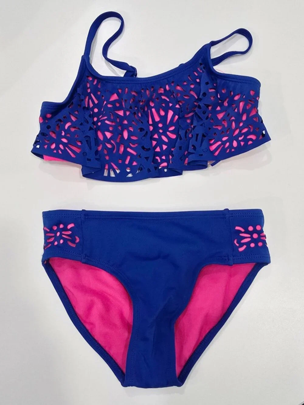 Justice ✦ Girls Bikini Set ✦ Blue Pink Laser-Cut Ruffle UPF 50+ Size 7
